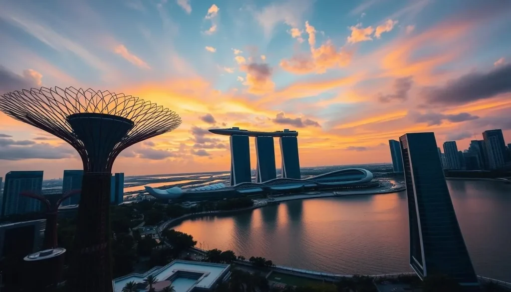 A breathtaking vista of Singapore's Marina Bay at golden hour, captured through a wide-angle lens. The iconic Supertree Grove rises majestically in the foreground, their organic structures silhouetted against a vibrant sky ablaze with warm hues. In the middle ground, the sleek, futuristic architecture of the Marina Bay Sands hotel complex reflects the ambient light, creating a sense of elegant sophistication. The serene waters of the bay stretch out in the background, mirroring the cityscape and offering a tranquil counterpoint to the dynamic skyline. The overall scene exudes a harmonious balance of natural and man-made elements, perfectly encapsulating the essence of Singapore's dynamic and visually captivating waterfront.