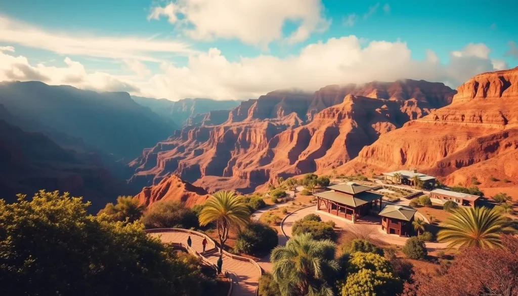 A breathtaking vista of Waimea Canyon Facilities on a sunny day in Kauai, Hawaii. The foreground features well-maintained trails leading visitors through lush, verdant foliage. In the middle ground, modern yet rustic buildings housing visitor amenities blend seamlessly into the surrounding landscape. The background showcases the awe-inspiring, rugged canyon walls, their vibrant colors and dramatic shadows creating a sense of grandeur. Warm, natural lighting filters through wispy clouds, casting a warm, inviting glow over the entire scene. Captured with a wide-angle lens to emphasize the scale and beauty of this stunning natural wonder.