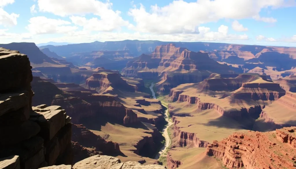 A breathtaking vista of Waimea Canyon, the "Grand Canyon of the Pacific," sprawling across the frame. The foreground features a dramatic overlook, its weathered stone walls framing the sweeping vistas beyond. The middle ground showcases the lush, verdant depths of the canyon, carved over millennia by the Waimea River. In the distance, towering basalt cliffs rise majestically, their shadows creating a play of light and shadow across the landscape. The scene is bathed in warm, golden sunlight, lending an air of serenity and tranquility. The overall mood is one of awe and wonder, capturing the breathtaking beauty of this natural wonder.