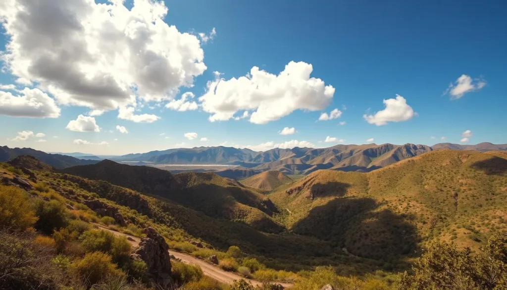 A breathtaking vista of the Dana Biosphere Reserve on a picturesque day. Fluffy white clouds drift lazily across a bright azure sky, casting gentle shadows on the rugged, sun-dappled terrain below. Vibrant greens of lush vegetation contrast with the earthy tones of the rolling hills and mountains in the distance. Warm, golden light bathes the scene, creating a serene and inviting atmosphere. A wide-angle lens captures the sweeping landscape, highlighting the diverse ecosystems and the promise of adventure that awaits visitors to this natural wonder. Subtle hints of wildlife activity add to the sense of tranquility and the rhythm of the land.