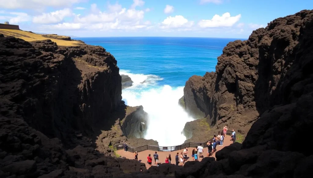 A breathtaking vista of the Halona Blowhole Lookout on the eastern coast of Oahu, Hawaii. The sun casts a warm glow across the rugged volcanic cliffs, their jagged edges framing the azure waters of the Pacific Ocean. In the foreground, the iconic blowhole sits calmly, its power harnessed by the natural amphitheater-like formation. Beachgoers and tourists gather on the lookout platform, gazing in awe at the mesmerizing display of nature's might as the waves crash against the rocks, sending plumes of seawater high into the air. The scene is one of breathtaking beauty, a true testament to the raw, untamed power of the Hawaiian islands.