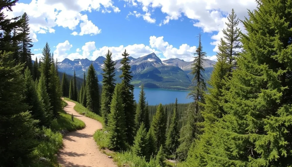 A breathtaking vista of the Johns Lake Loop Trail in Glacier National Park, Montana. In the foreground, a winding path leads through a lush, verdant forest, dappled with sunlight filtering through the canopy. In the middle ground, a serene alpine lake reflects the rugged peaks and glaciers in the distance, framed by towering pines. The sky is a brilliant blue, dotted with fluffy white clouds, creating a sense of tranquility and adventure. The scene is captured with a wide-angle lens, highlighting the scale and grandeur of this stunning hiking trail, perfect for a day of exploration in one of America's most beautiful national parks. A breathtaking vista of the Johns Lake Loop Trail in Glacier National Park, Montana. In the foreground, a winding path leads through a lush, verdant forest, dappled with sunlight filtering through the canopy. In the middle ground, a serene alpine lake reflects the rugged peaks and glaciers in the distance, framed by towering pines. The sky is a brilliant blue, dotted with fluffy white clouds, creating a sense of tranquility and adventure. The scene is captured with a wide-angle lens, highlighting the scale and grandeur of this stunning hiking trail, perfect for a day of exploration in one of America's most beautiful national parks.