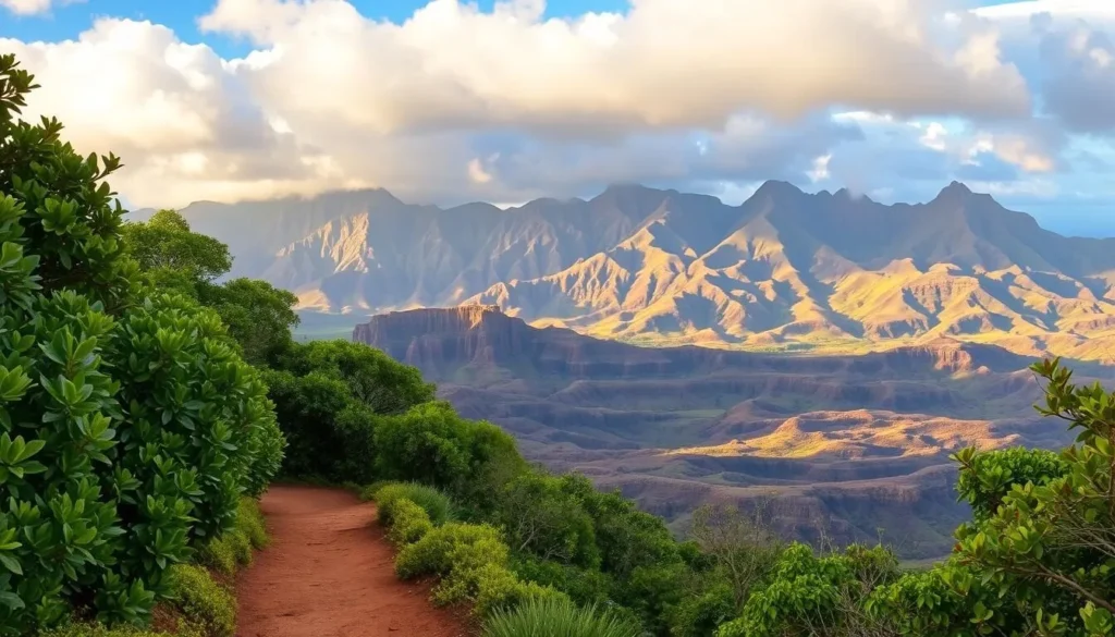 A breathtaking vista of the Munro Trail on the island of Lanai, Hawaii. In the foreground, a winding path leads through lush, verdant foliage, inviting the viewer to explore. The middle ground reveals a rugged, rocky terrain, sculpted by the elements over time. In the distance, majestic mountains rise, their peaks capped with wispy clouds that catch the warm, golden light of the sun. The scene is bathed in a soft, natural glow, creating a serene and peaceful atmosphere. Captured through a wide-angle lens, this image offers a panoramic view that captures the essence of the Munro Trail and its breathtaking natural beauty.