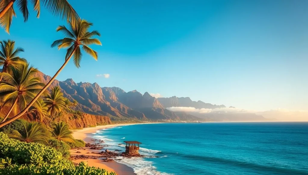 A breathtaking vista of the South Shore of Kauai, Hawaii. Vibrant turquoise waters lap against a golden sand beach, framed by lush, verdant cliffs and swaying palm trees. The warm sun casts a soft, diffused glow, illuminating the scene with a serene, tropical ambiance. In the distance, towering mountain peaks pierce the azure sky, their rugged silhouettes creating a dramatic backdrop. A serene, peaceful atmosphere pervades the idyllic landscape, inviting visitors to bask in the natural splendor of this Hawaiian paradise.