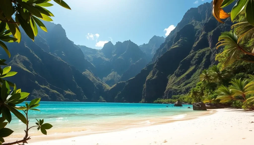 A breathtaking vista of the dramatic Na Pali Coast on the island of Kauai, Hawaii. Towering emerald cliffs cascade down to a pristine turquoise ocean, with the sun's golden rays illuminating the rugged landscape. In the foreground, a tranquil beach of soft white sand leads to crystal-clear waters, inviting exploration. Lush tropical foliage frames the scene, creating a sense of lush, untamed paradise. Capture the serene, awe-inspiring atmosphere of this natural wonder, showcasing the beauty and remoteness of Ke'e Beach at the end of the iconic Kalalau Trail.