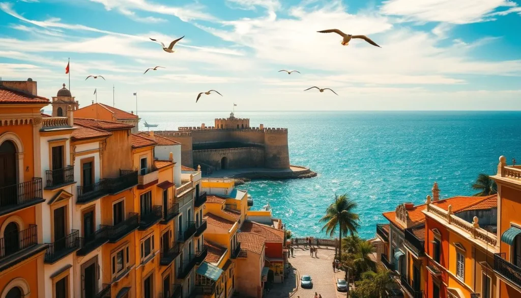 A breathtaking vista of the historic port city of Veracruz, Mexico. In the foreground, cobblestone streets wind through a tapestry of colonial-style buildings, their sun-weathered facades adorned with colorful facades and wrought-iron balconies. In the middle ground, the iconic Fort of San Juan de Ulua rises majestically, its imposing stone walls guarding the harbor. In the background, the sparkling azure waters of the Gulf of Mexico stretch out to the horizon, with seagulls soaring gracefully overhead. Warm, golden sunlight filters through wispy clouds, casting a welcoming glow over the bustling scene. The atmosphere is one of timeless charm and maritime tradition, inviting the viewer to step back in time and explore the rich history and vibrant culture of this enchanting coastal city.