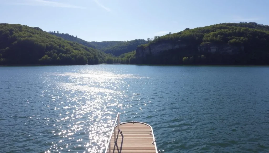 A breathtaking vista of the sparkling waters of Lake of the Ozarks, nestled amidst the lush, rolling hills of Missouri's Ha Ha Tonka State Park. Sunlight dances across the tranquil surface, casting shimmering reflections. In the foreground, a picturesque boat dock extends into the lake, inviting visitors to explore the serene surroundings. The middle ground features the park's distinctive limestone bluffs, their rugged beauty complemented by the verdant foliage. In the distance, the horizon is dotted with the silhouettes of trees, creating a peaceful, natural atmosphere. This idyllic scene captures the essence of the state park's best features, showcasing the stunning natural beauty that draws visitors to this remarkable destination.