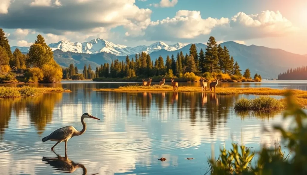 A breathtaking wildlife photography scene at Millerton Lake, California. In the foreground, a graceful heron wades through the shallows, its long neck poised to strike. In the middle ground, a group of deer emerges from the lush, verdant foliage, their watchful eyes scanning the tranquil waters. The background features the majestic Sierra Nevada mountains, their snow-capped peaks reflected in the still, mirror-like surface of the lake. Warm, golden sunlight filters through the clouds, casting a soft, natural glow over the entire scene. The composition is crisp and well-balanced, with a shallow depth of field that effortlessly draws the viewer's eye to the wildlife subjects. This image perfectly captures the peaceful, serene atmosphere of Millerton Lake and its abundant natural wonders.