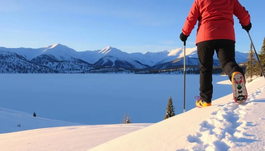 A breathtaking winter landscape at Lake Tahoe's Rubicon Bay, California. In the foreground, a person in colorful snowshoeing gear treks through the pristine, snow-covered terrain, their footprints leaving a trail behind them. The middle ground features a frozen lake surrounded by towering, snow-capped peaks that gleam under the soft, warm light of the winter sun. The background is a panoramic vista of the majestic Sierra Nevada mountains, their slopes blanketed in a pristine layer of fresh snow. The scene exudes a sense of tranquility and adventure, inviting the viewer to experience the beauty of Lake Tahoe in the winter.