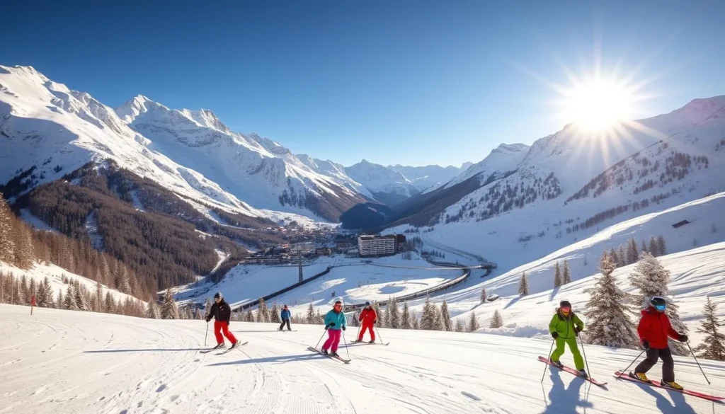 A breathtaking winter landscape in the picturesque ski resort of Val-d'Isère, France. Skiers and snowboarders carve graceful turns down the well-groomed slopes, framed by majestic snow-capped peaks and a crisp, clear sky. The foreground features a group of skiers of varying skill levels navigating the terrain, their colorful gear creating a vibrant contrast against the pristine white snow. In the middle ground, a chairlift carries more adventurous riders up the mountainside, while the background showcases the charming alpine village nestled among the towering peaks. Warm, golden sunlight filters through the air, creating a serene and inviting atmosphere perfect for a day on the slopes.