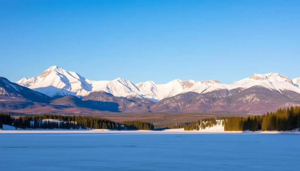 A breathtaking winter landscape of the Sierra Nevada mountains, California. Towering snow-capped peaks rise majestically against a crisp, clear sky. In the foreground, a pristine frozen lake reflects the surrounding beauty, its icy surface gleaming in the warm sunlight. Evergreen forests and rolling hills blanket the middle ground, creating a serene and peaceful atmosphere. The distant mountains are bathed in a soft, golden glow, inviting the viewer to explore the rugged, untamed wilderness. This tranquil scene captures the essence of the Sierra Nevada in the wintertime, showcasing the region's natural splendor and serene tranquility.