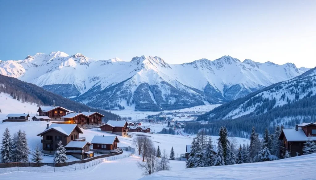 A breathtaking winter landscape of the iconic Val d'Isère ski resort nestled amidst the majestic French Alps. In the foreground, pristine snow-covered slopes and groomed pistes invite skiers and snowboarders to carve effortless turns. The middle ground features charming alpine chalets with gabled roofs, their facades adorned with twinkling lights. In the distance, towering snow-capped peaks rise majestically, their jagged silhouettes bathed in the warm glow of the afternoon sun. A crisp, clear sky overhead completes this quintessential winter wonderland scene, conveying the tranquil, serene atmosphere of the resort during the peak ski season.