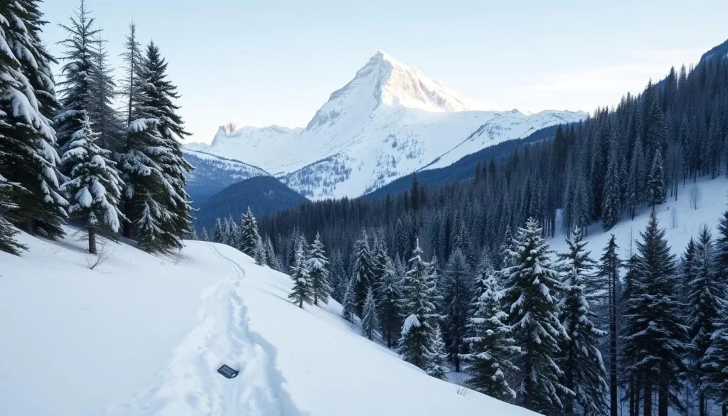 A breathtaking winter landscape of the majestic Weisshorn mountain in Switzerland. Crisp, snow-covered trails wind through a picturesque alpine forest, with the towering white peak rising in the distance. Soft, diffused sunlight filters through the trees, casting a warm glow over the serene scene. In the foreground, a narrow path leads hikers through the pristine, untouched snow, inviting exploration of this winter wonderland. The middle ground features dense evergreen foliage, contrasting with the pristine white of the landscape. The background is dominated by the iconic Weisshorn, its jagged ridges and slopes blanketed in a thick layer of snow, exuding an aura of tranquility and natural beauty.