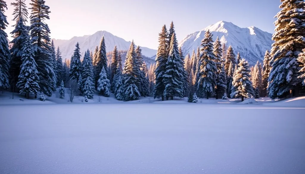 A breathtaking winter scene at Huntington Lake, California. The serene, snow-covered landscape is bathed in soft, warm lighting, casting a peaceful glow over the frozen lake. In the foreground, delicate ice crystals glisten on the surface, while in the middle ground, tall, majestic pine trees stand tall, their branches laden with fresh snowfall. In the distance, the towering Sierra Nevada mountains rise up, their peaks capped in pristine white. The overall atmosphere is one of tranquility and natural beauty, inviting the viewer to step into this picturesque winter wonderland.