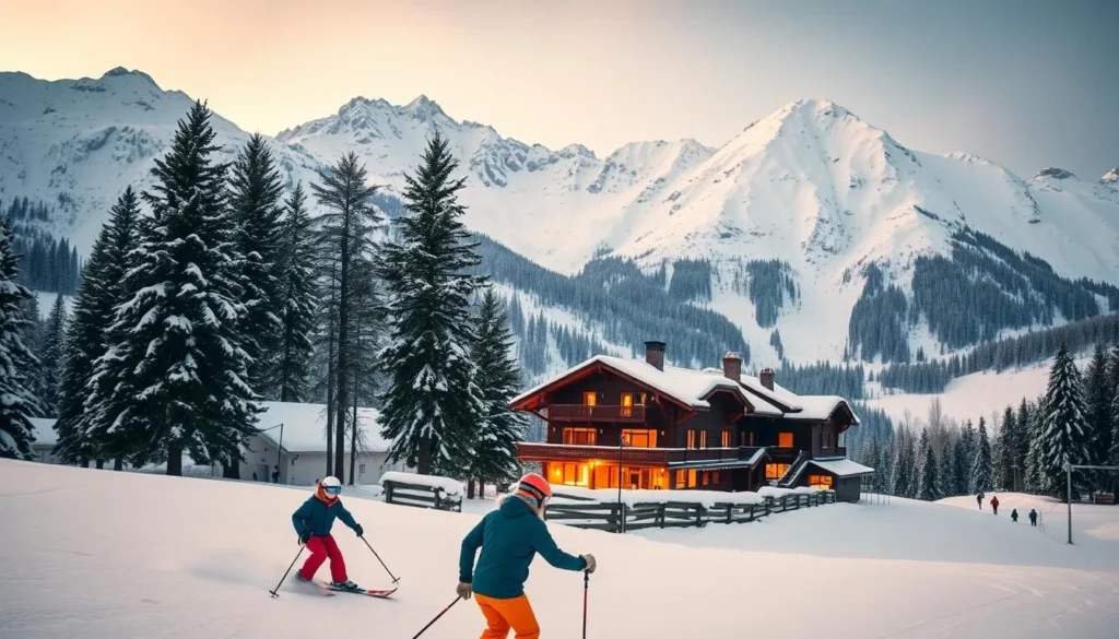 A breathtaking winter scene at a picturesque Swiss ski resort. In the foreground, skiers gracefully carve through powdery snow, their colorful attire standing out against the pristine landscape. In the middle ground, a cozy alpine lodge with warm lights glowing from its windows, surrounded by tall, snow-capped pine trees. The background features the majestic, snow-dusted peaks of the Swiss Alps, bathed in the soft, golden light of the setting sun, creating a serene and inviting atmosphere. The scene is captured with a wide-angle lens, conveying a sense of grandeur and capturing the beauty of the winter wonderland.
