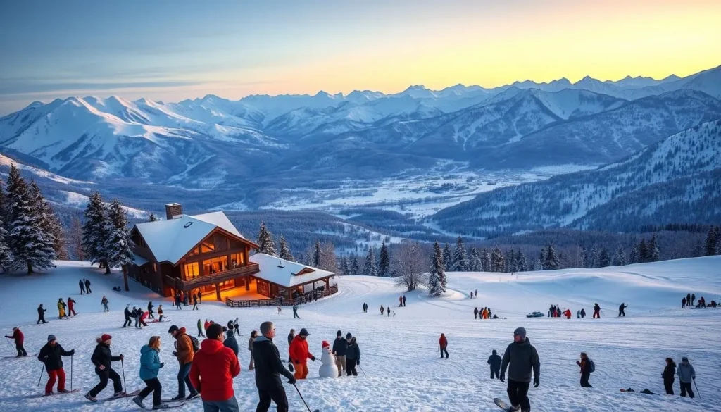 A breathtaking winter scene in the picturesque White Mountains of California. In the foreground, a group of people enjoying various snow activities - skiing, snowboarding, and building snowmen against a backdrop of towering, snow-capped peaks. The middle ground features a cozy ski lodge, its warm lights inviting visitors to come inside and savor a hot beverage. The background is a panoramic vista of pristine, snow-blanketed landscapes, bathed in the soft, golden glow of the afternoon sun. Crisp, clean air and a sense of serene tranquility pervade the scene, creating a perfect winter wonderland.