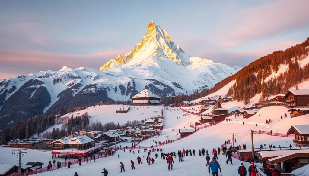 A breathtaking winter scene in the picturesque town of Zermatt, Switzerland. The iconic Matterhorn peak rises majestically in the background, its snow-capped summit glowing in the warm, golden light of the setting sun. In the foreground, a bustling ski resort comes to life, with skiers and snowboarders carving graceful turns down the pristine slopes. The air is crisp and invigorating, and the atmosphere is filled with the energy and excitement of the ski season. The scene is captured through a wide-angle lens, providing a panoramic view that showcases the stunning natural beauty and the vibrant winter activities that make Zermatt a true winter wonderland.