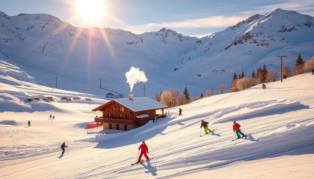 A breathtaking winter scene of Val d'Isère, France in March. The ski slopes are blanketed in a pristine layer of fresh, powdery snow that glistens under the warm, golden sunlight. Skiers carve graceful turns down the well-groomed runs, their vibrant ski gear standing out against the backdrop of the majestic, snow-capped mountains. In the middle ground, a cozy alpine chalet with a charming wooden facade and a wisp of smoke curling from the chimney invites visitors to bask in the mountain ambiance. The crisp, clear sky and the crisp, clean air create a serene, rejuvenating atmosphere, perfect for a spring skiing adventure.