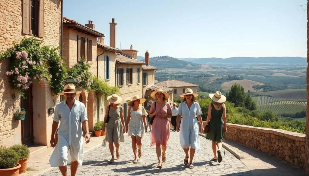 A bright, sun-drenched scene in the Rhône Valley during summer. In the foreground, a group of stylish locals strolling along a cobblestone street, dressed in lightweight, breathable fabrics - airy sundresses, linen shirts, and wide-brimmed hats that shield them from the warm Mediterranean sun. In the middle ground, quaint stone buildings with terracotta roofs line the street, their facades adorned with flowering vines. In the background, rolling hills and vineyards stretch out, bathed in a golden glow. The overall mood is relaxed and leisurely, capturing the essence of a weather-savvy summer trip to this picturesque region of France.