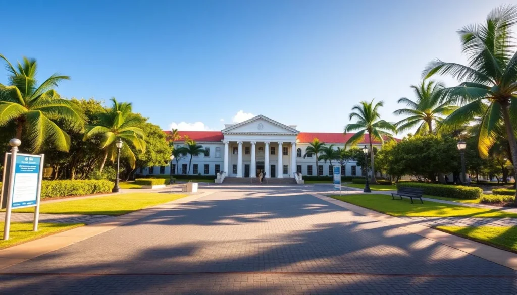 A bright, sunny day at the Bishop Museum in Oahu, Hawaii. In the foreground, a neatly paved pathway leads visitors towards the main entrance, with clear signage and accessibility features like ramps and textured pavement. The middle ground showcases the grand, neoclassical architecture of the museum, its white walls and red-tiled roof gleaming in the warm light. In the background, lush tropical foliage and a clear blue sky create a welcoming, relaxed atmosphere. The overall scene conveys a sense of ease and accessibility, inviting all visitors to explore the treasures within.