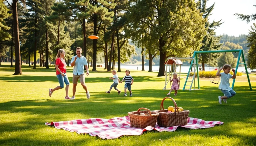 A bright, sunny day in a scenic park setting. In the foreground, a family of four - parents and two young children - engaging in various outdoor activities. The parents are playing catch with a frisbee, while the kids explore a nearby playground, climbing on the jungle gym and swinging on the swings. In the middle ground, a picnic blanket and basket sit on the lush, green grass, suggesting a relaxed family gathering. In the background, tall trees and a glimpse of a lake or pond create a peaceful, natural ambiance. The scene is bathed in warm, golden sunlight, capturing the joy and togetherness of a family spending quality time outdoors.
