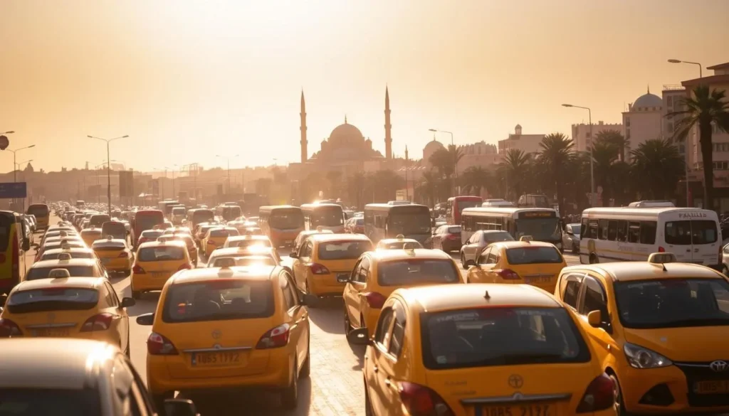 A bustling Casablanca cityscape under a warm, golden-hued sun. In the foreground, an array of traditional Moroccan taxis and petite cabs weave through the streets, their vibrant colors reflecting the lively atmosphere. In the middle ground, a fleet of modern buses and public transport vehicles transport locals and visitors alike. In the background, the iconic Hassan II Mosque and other architectural marvels rise majestically, casting long shadows across the scene. The overall mood is one of dynamic movement and cultural richness, capturing the essence of getting around this dynamic Moroccan metropolis.