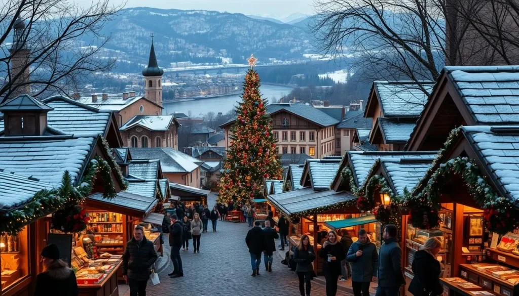 A bustling Christmas market in the Rhône Valley, France, during a crisp winter day. The cobblestone streets are lined with quaint wooden stalls adorned with twinkling lights, offering an array of handcrafted gifts, traditional delicacies, and mulled wine. In the foreground, people stroll through the market, sipping hot beverages and admiring the ornate decorations. The middle ground features a central square with a towering Christmas tree, surrounded by historic buildings with snow-dusted rooftops. In the background, the majestic Rhône River winds through the valley, its banks dotted with bare trees and snow-capped peaks in the distance. The scene is illuminated by a warm, golden glow, creating a cozy and festive atmosphere.