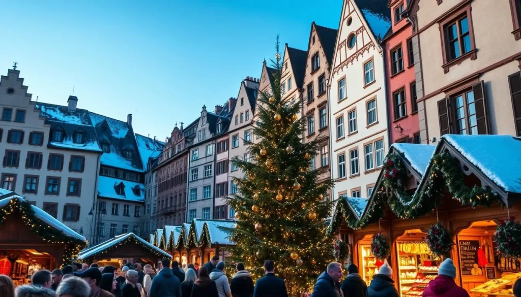 A bustling Christmas market in the historic city of St. Gallen, Switzerland. The picturesque Baroque architecture of the old town provides a stunning backdrop, with festive lights and decorations adorning the charming wooden stalls. In the foreground, shoppers browse an array of local crafts, mulled wine, and seasonal delicacies, creating a cozy, atmospheric scene. The middle ground features a large Christmas tree, its branches sparkling with twinkling lights. Soft, warm lighting illuminates the market, casting a magical glow over the entire setting. A crisp, clear winter day with a touch of snow on the rooftops completes the idyllic, festive tableau.