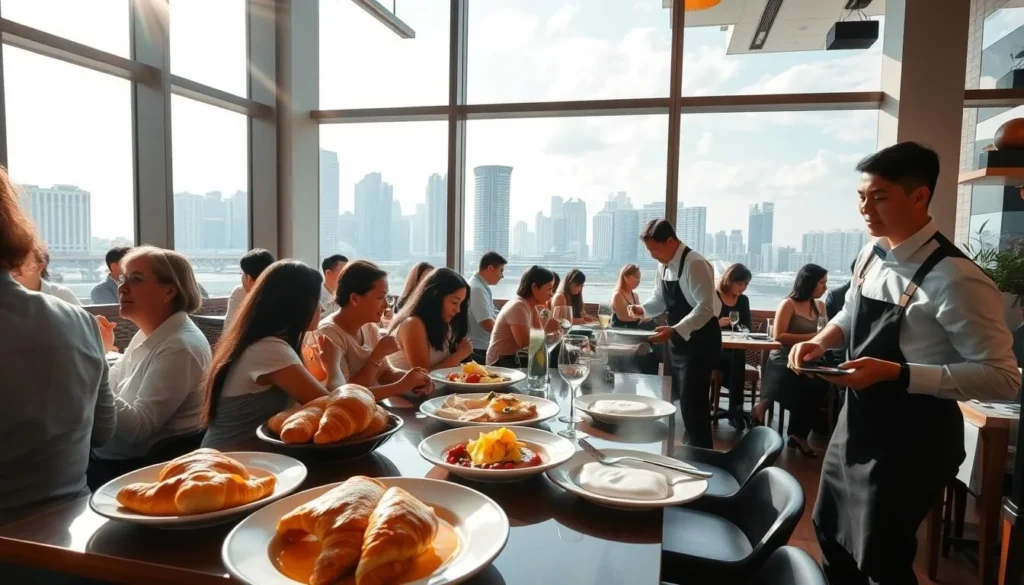 A bustling French bistro in the heart of Singapore, sunlight streaming through large windows, illuminating a vibrant scene. In the foreground, a table of diners enjoying a lively conversation over plates of delectable French cuisine - flaky croissants, savory quiches, and rich, creamy sauces. Servers in crisp white shirts and black aprons weave through the room, delivering steaming dishes. In the background, a view of the city skyline, modern high-rises juxtaposed with colonial-era architecture. The atmosphere is one of sophistication and joie de vivre, capturing the essence of French culinary artistry thriving in the multicultural fabric of Singapore.