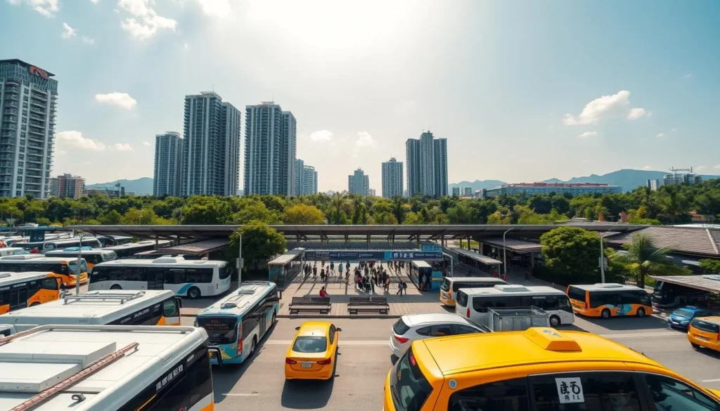 A bustling Goyang public transportation hub on a pleasant day. In the foreground, a variety of buses and taxis await passengers under a bright, sun-dappled sky. The middle ground features a well-organized terminal with clear signage, benches, and a dynamic flow of commuters. In the background, modern high-rise buildings and lush greenery create a harmonious urban landscape. The scene is captured with a wide-angle lens, conveying a sense of scale and efficiency in Goyang's public transit system. The overall mood is one of functional sophistication, reflecting the city's commitment to seamless mobility for residents and visitors alike.