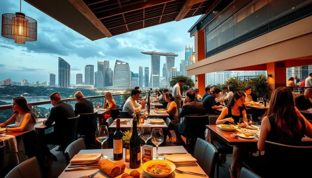 A bustling Italian restaurant in the heart of Singapore, with an elegant outdoor terrace overlooking the city skyline. Warm, golden lighting casts a cozy glow over the scene, where well-dressed patrons savor authentic Italian cuisine. The foreground features neatly arranged place settings, a bottle of red wine, and freshly baked bread. In the middle ground, servers move gracefully between tables, delivering steaming plates of pasta and pizza. The background showcases the iconic Singapore skyline, with towering skyscrapers and lush greenery. An atmosphere of conviviality and sophistication pervades the vibrant Italian dining experience.