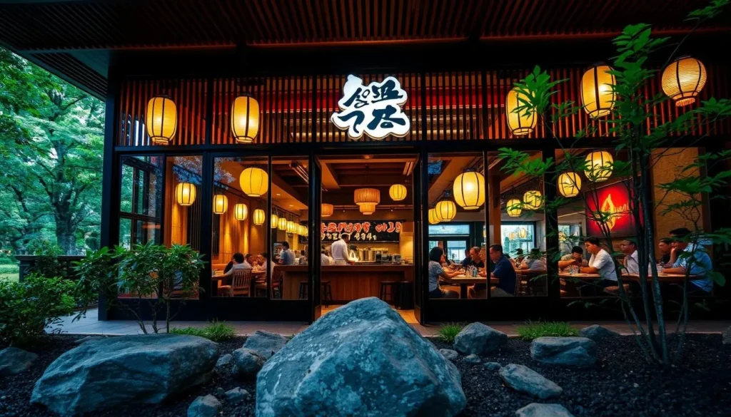 A bustling Japanese restaurant nestled in the heart of Singapore, its facade adorned with elegant wooden panels and paper lanterns. Through the large windows, glimpse the warm glow of candlelight illuminating a serene interior, where diners savor delicate sushi, steaming ramen, and sizzling yakitori. The aroma of fresh ingredients and the precision of skilled chefs create an authentic Japanese ambiance. In the foreground, a tranquil rock garden leads the eye towards the entrance, while the background reveals the lush greenery of a nearby park, hinting at the harmony between nature and modern design that defines this acclaimed culinary destination.
