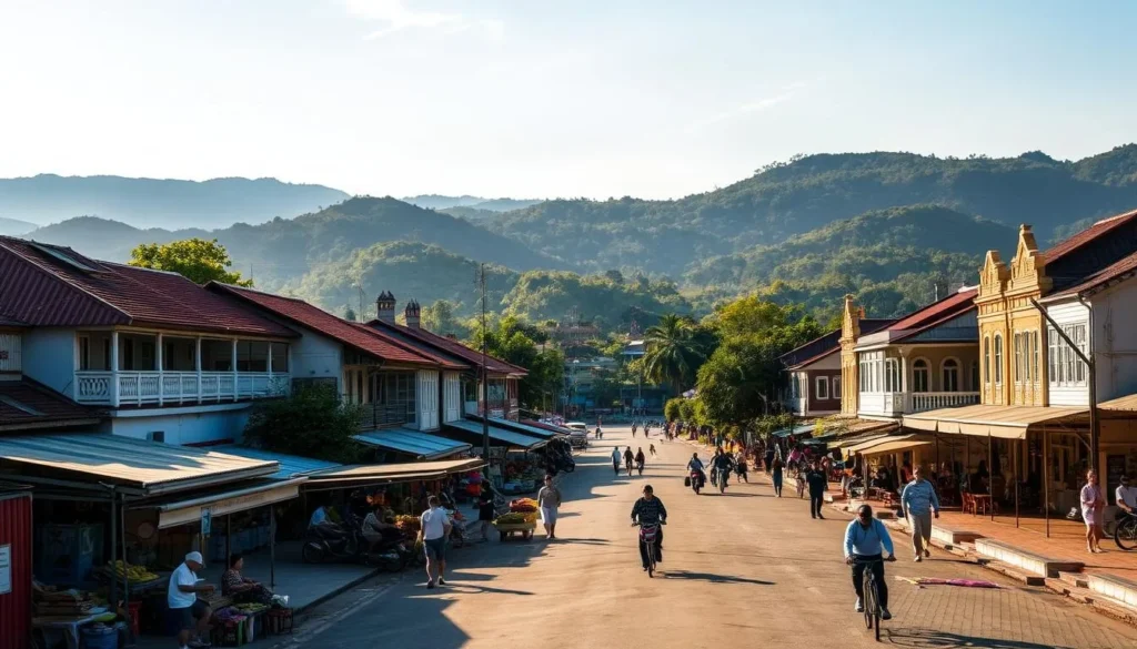 A bustling Kampot town nestled along the banks of the Praek Tuek Chhu river, with its picturesque colonial-era buildings and quaint cafes lining the charming streets. In the foreground, local vendors sell fresh produce and handicrafts under the warm afternoon sun. In the middle ground, pedestrians and cyclists leisurely navigate the town's relaxed pace. In the background, the lush, rolling hills of the Elephant Mountains provide a scenic backdrop, casting long shadows over the town. The scene is bathed in a warm, golden light, evoking a sense of tranquility and timelessness.