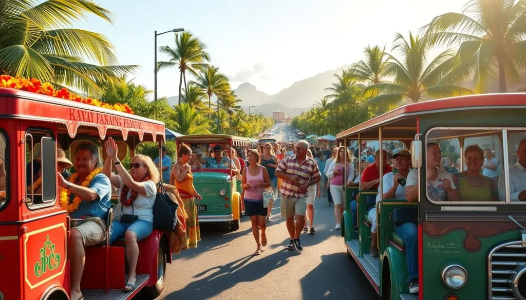 A bustling Kauai festival scene on a sunny day, with people riding vibrant vintage Hawaiian-style buses and trolleys adorned with flower leis. The foreground showcases the unique and colorful transportation vehicles, their passengers waving and smiling as they make their way to the event. In the middle ground, festival-goers stroll along the streets, carrying bags and snacks, creating a lively atmosphere. The background features lush tropical foliage, swaying palm trees, and the distant silhouettes of mountains, immersing the viewer in the island's natural beauty. The lighting is warm and golden, capturing the festive mood and the welcoming spirit of Kauai.