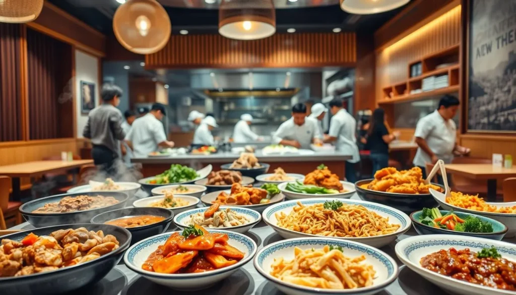 A bustling Korean restaurant in Singapore, filled with the aroma of sizzling bulgogi and kimchi. In the foreground, a table laden with an array of traditional dishes - steaming bibimbap, crispy Korean fried chicken, and fragrant japchae noodles. The middle ground showcases a vibrant open kitchen, where chefs in white uniforms expertly prepare the dishes. The background features a warm, modern decor with wooden accents and soft lighting, creating an inviting atmosphere. Captured on a high-quality camera with a shallow depth of field, highlighting the mouthwatering details of the Korean cuisine.
