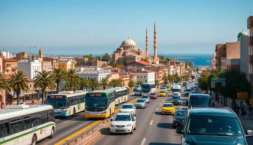 A bustling Oran city street, captured on a sunny day. In the foreground, a mix of public buses, taxis, and private vehicles navigate the well-paved roads, while pedestrians stroll along the sidewalks. In the middle ground, traditional Algerian architecture lines the streets, with a blend of old and new buildings. The background features the iconic landmarks of Oran, including the grand Mosque of Oran and the stunning coastline of the Mediterranean Sea. The scene is bathed in warm, natural lighting, creating a vibrant and inviting atmosphere. The overall composition conveys the vibrant and dynamic transportation landscape of this Algerian city.