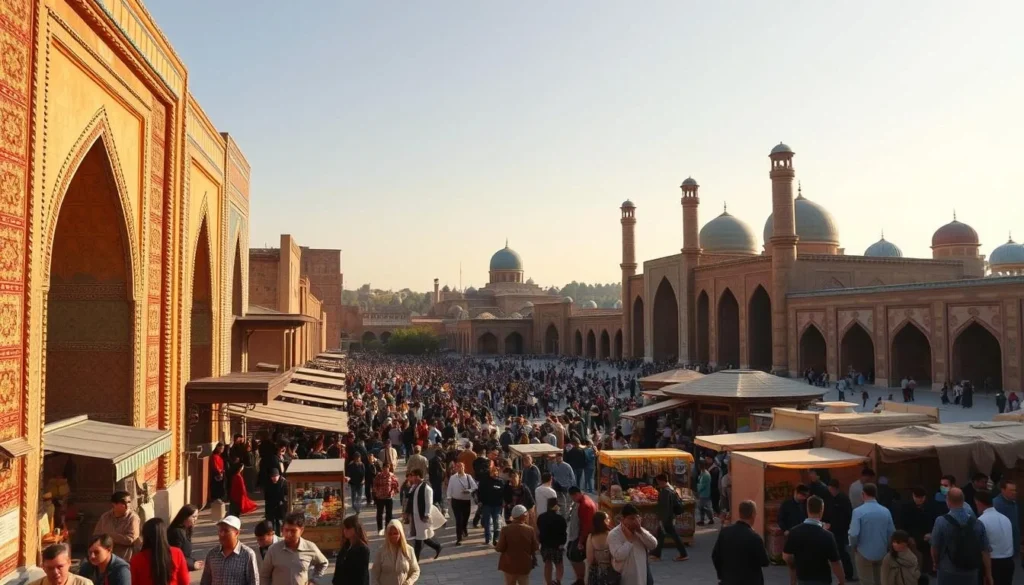 A bustling Samarkand Square in Central Asia, bathed in warm, golden sunlight. In the foreground, ornate architecture and intricate tile work adorn the ancient buildings, while in the middle ground, a lively crowd of locals and tourists mingle amidst traditional market stalls. In the background, the iconic Registan complex, with its towering minarets and domes, stands as a testament to the region's rich cultural heritage. The scene exudes a timeless, atmospheric quality, inviting the viewer to step into the heart of this historic city and discover its timeless charms.