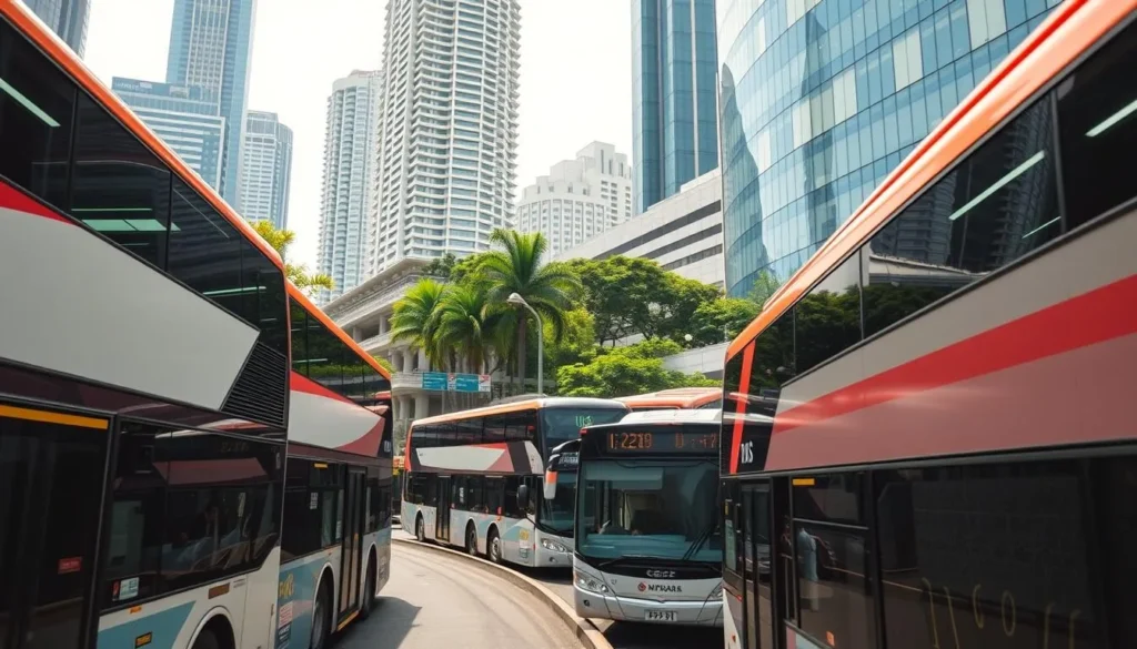 A bustling Singapore public bus network winding through the city's vibrant streets, with double-decker buses navigating the well-designed routes. Capture the scene with a low-angle perspective, showcasing the sleek, modern bus designs against a backdrop of towering skyscrapers and lush greenery. Depict a pleasant sunny day, with soft, diffused lighting illuminating the scene and creating a warm, inviting atmosphere. Ensure the image conveys the efficient and reliable nature of Singapore's public transportation system, catering to the diverse needs of the city's residents and visitors.