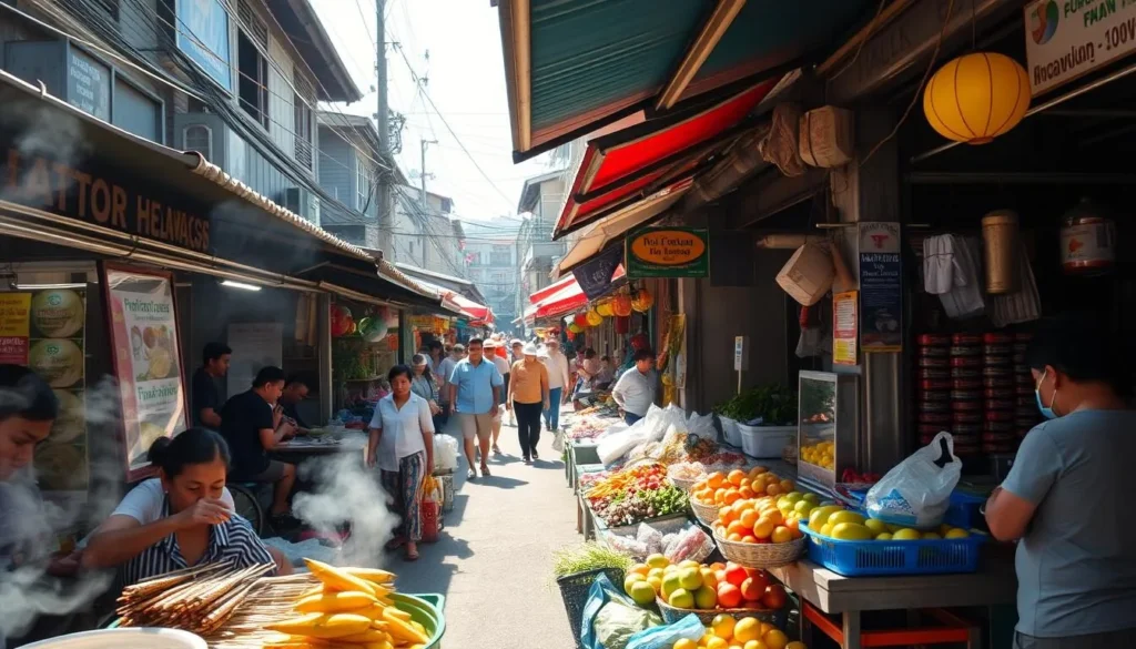 A bustling Songkhla street scene, bathed in warm afternoon sunlight. In the foreground, an array of colorful food stalls, their aromas wafting through the air. Sizzling street food sights - sate skewers, steaming noodle dishes, and vibrant tropical fruits. The middle ground showcases lively market vendors, their stalls overflowing with fresh local produce. In the background, a network of narrow alleyways, lined with quaint shophouses and bustling with locals and tourists alike. Capture the energy, colors, and authentic flavors of Songkhla's thriving culinary culture.