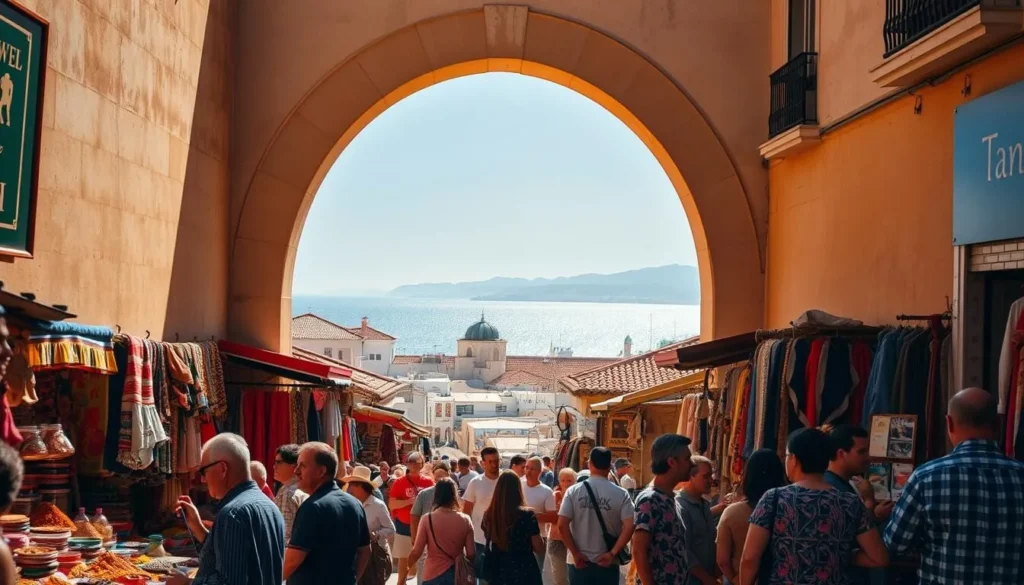 A bustling Tangier street scene, bathed in warm Moroccan sunlight. In the foreground, a vibrant marketplace filled with colorful textiles, spices, and artisanal wares. Locals and visitors mingle, haggling with animated gestures. In the middle ground, a grand Moorish-style archway frames a glimpse of the old medina, its whitewashed buildings and tiled rooftops. Behind, the sparkling Strait of Gibraltar meets the azure sky, with the distant silhouette of the Rif Mountains. The atmosphere is lively and inviting, capturing the essence of this historic port city.