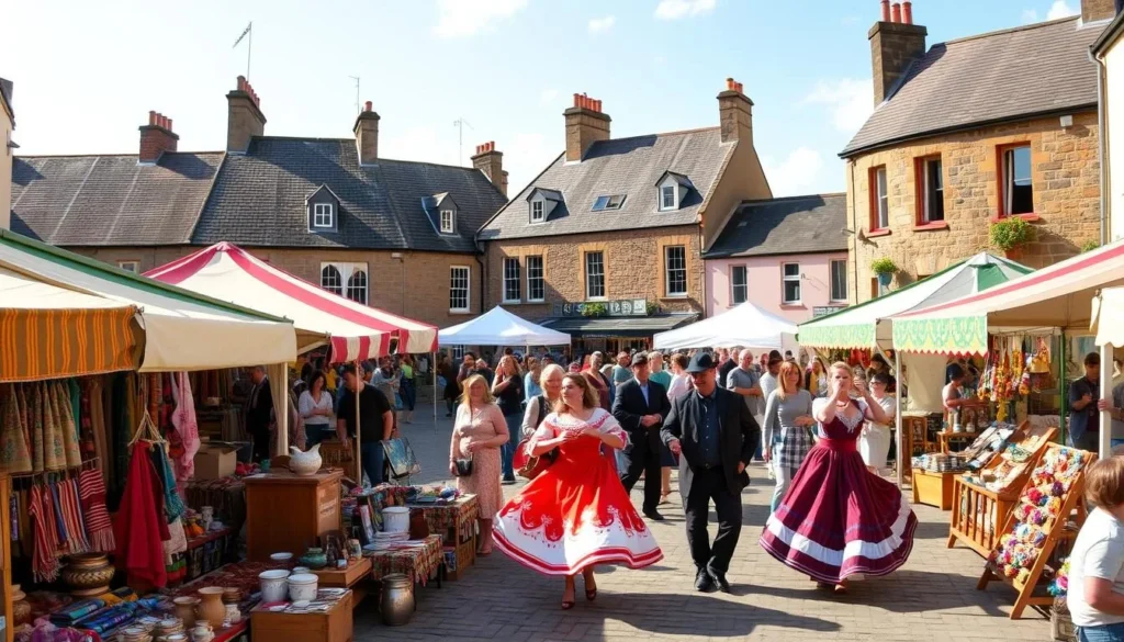 A bustling Ulster festival unfolds on a sunny day, with vibrant stalls and lively performers adorning a charming town square. In the foreground, local artisans showcase their handcrafted wares, from intricate textiles to pottery and woodcarvings. The middle ground captures the energy of the event, with musicians playing traditional Irish tunes and dancers in colorful costumes twirling gracefully. In the background, the quaint historic buildings of the town provide a picturesque backdrop, their warm stone facades bathed in the golden afternoon light. The atmosphere is one of celebration, community, and a deep appreciation for the rich cultural heritage of Ulster.