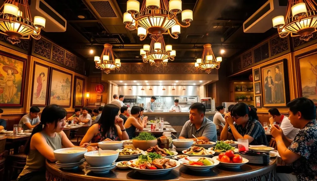 A bustling Vietnamese restaurant in Singapore, its interior bathed in warm, golden light from ornate chandeliers overhead. In the foreground, a table set with traditional Vietnamese dishes - fragrant pho noodle soup, sizzling grilled meats, and colorful vegetable platters. Diners sit around the table, chatting animatedly and savoring the flavors. The middle ground reveals a lively open kitchen, where chefs deftly prepare dishes. In the background, intricate Vietnamese artwork and decorations adorn the walls, creating an authentic and inviting atmosphere. The scene conveys the vibrant, communal dining experience that captures the essence of Vietnamese cuisine in Singapore.
