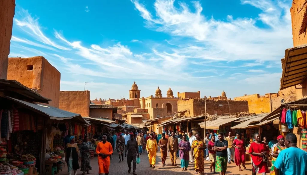 A bustling West African district, bustling with vibrant energy and rich cultural heritage. Narrow, winding streets lined with colorful, bustling open-air markets, where vendors sell an array of handcrafted goods, spices, and local produce. In the distance, the towering silhouettes of traditional mud-brick buildings, their intricate patterns and textures casting long shadows across the sun-dappled pavement. Groups of people, dressed in vibrant, flowing garments, navigate the lively scene, engaging in animated conversations and lively interactions. Overhead, a clear, azure sky with wispy, ethereal clouds, bathing the entire district in a warm, golden glow. The air is alive with the sounds of laughter, music, and the bustling energy of a thriving community.