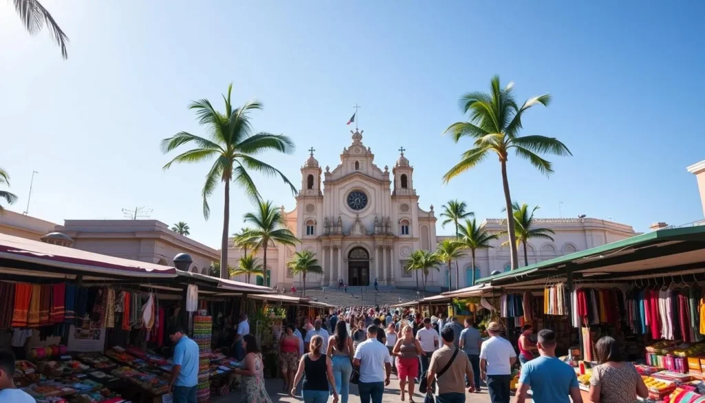 A bustling Zocalo in Acapulco, Mexico on a sunny day. In the foreground, vibrant stalls selling traditional crafts, textiles, and local produce. People leisurely browsing the market, immersed in the lively atmosphere. The middle ground showcases the iconic Nuestra Señora de la Soledad Cathedral, its baroque architecture gleaming in the warm light. In the background, palm trees sway gently, framing the scene and hinting at the nearby Pacific Ocean. The overall mood is one of cultural richness, community, and the unique charm of this coastal Mexican city.