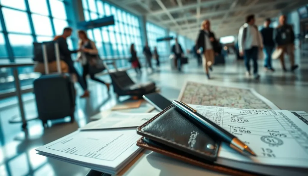 A bustling airport terminal, sunlight streaming through expansive windows, as travelers check itineraries and review expense receipts. In the foreground, a well-organized wallet and a pen poised over a neat ledger, capturing the essentials of a meticulously planned journey. The middle ground features a suitcase, a map, and a smartphone, symbols of the adventurous spirit and the need to stay connected. In the background, blurred silhouettes of hurried passengers, each with their own financial considerations as they navigate the complexities of an international trip. The overall mood is one of efficiency, preparedness, and the excitement of discovery, captured in a crisp, photographic style.