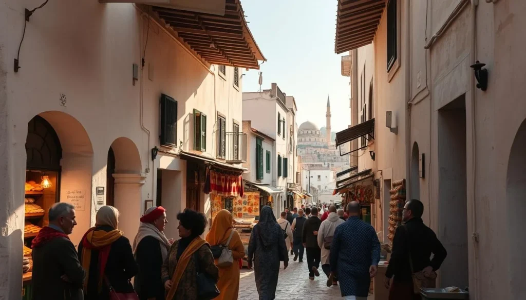 A bustling alleyway in the historic medina of Tangier, Morocco. Narrow cobblestone streets lined with traditional whitewashed buildings, vibrant textiles, and spice-filled stalls. Warm sunlight filters through overhead archways, casting a golden glow. In the foreground, a group of locals engage in lively conversation, their colorful djellabas and scarves adding to the vibrant atmosphere. In the middle ground, merchants hawk their wares, the air filled with the scents of cinnamon, cumin, and freshly baked bread. Beyond, the skyline is punctuated by the minarets of historic mosques, hinting at the rich cultural heritage of this ancient city.