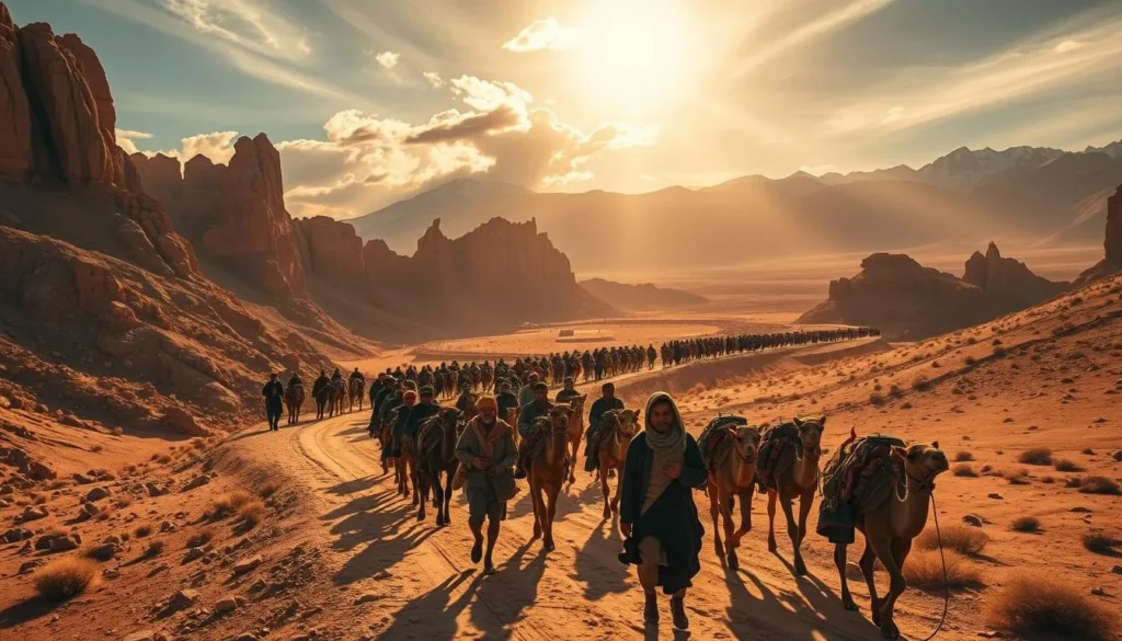 A bustling ancient caravan route winds through a rugged, sun-dappled landscape, flanked by towering sandstone cliffs and distant snow-capped peaks. Merchants in flowing robes and turbans traverse the dusty path, leading heavily laden camels and donkeys. The air is filled with the scent of exotic spices, the chatter of traders, and the rhythmic jingle of camel bells. Rays of warm, golden light filter through wispy clouds, casting a tranquil glow over the timeless scene. Capture the essence of the legendary Silk Road, a testament to the interconnectedness of cultures and the resilience of the human spirit.