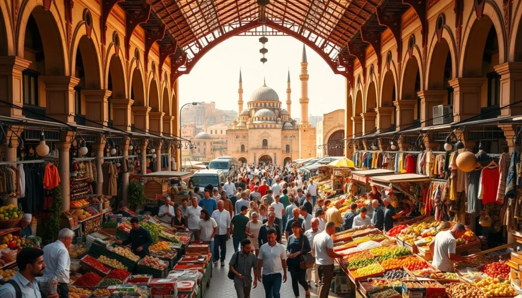 A bustling and vibrant central market in Casablanca, Morocco, with a lively, authentic atmosphere. Show the intricate architecture of the market building, with its ornate arched entryways and tiled roofs. Fill the foreground with stalls overflowing with local produce, handicrafts, and spices, creating a sensory experience. In the middle ground, depict a diverse crowd of shoppers and vendors interacting, capturing the energy and cultural diversity of the market. In the background, include the surrounding cityscape, with glimpses of the iconic Hassan II Mosque and other Moroccan architectural elements. Utilize warm, natural lighting to enhance the vibrant colors and textures, evoking the warm, sunny climate of Casablanca.