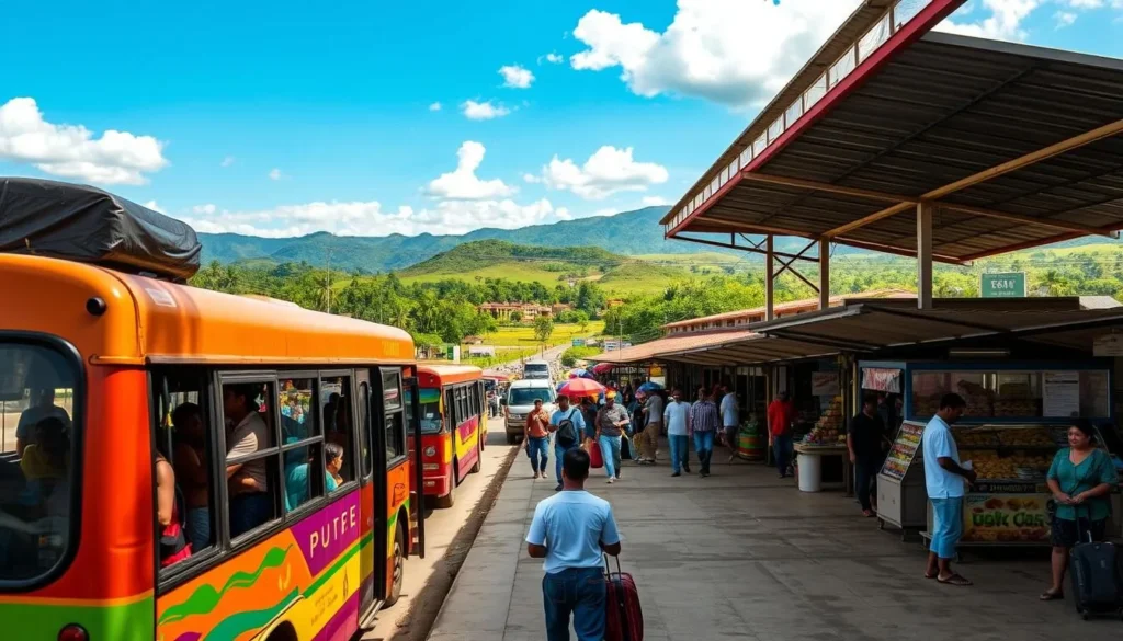A bustling bus station in Kampot, Cambodia, on a sunny day. In the foreground, a colorful local bus waits to depart, its passengers boarding with their luggage. The middle ground shows the station's activity, with vendors selling local snacks and people milling about. In the background, lush greenery and rolling hills create a tranquil backdrop. The scene is illuminated by warm, natural lighting, captured with a wide-angle lens to convey the energy and atmosphere of Kampot's public transportation.