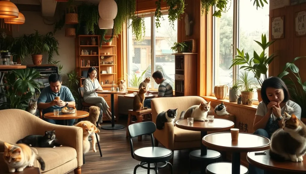 A bustling cat cafe in the heart of Taipei, where feline companions lounge in cozy nooks and customers sip aromatic beverages. The warm, natural lighting filters through large windows, casting a gentle glow on the scene. Plush armchairs and mismatched tables create a charming, inviting atmosphere. Cats of various breeds - from playful kittens to serene adults - interact with delighted patrons, fostering a sense of tranquility and whimsy. The cafe's decor features natural wood accents, lush greenery, and quirky, cat-themed decorations, reflecting the unique character of this beloved Taipei institution.